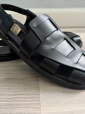 Dear Frances Black Woven Leather Slingback Fisherman Sandals